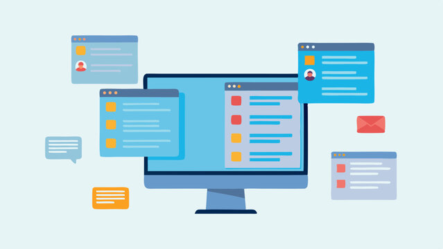 Illustration showing a desktop computer with multiple windows and an email icon around it