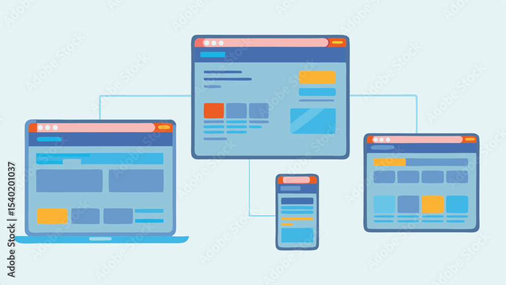 Poster illustration of multiple devices connected to a central server with a light blue background showing