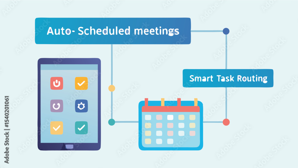 Poster illustration of a mobile device connected to a calendar and scheduling system online tools for work