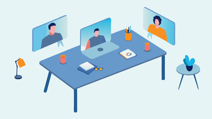 Isometric view of a virtual meeting setup with laptop and participants on screen displays in home office
