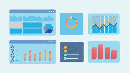 Illustration of various data visualization charts including bar graphs pie charts and line graphs displayed