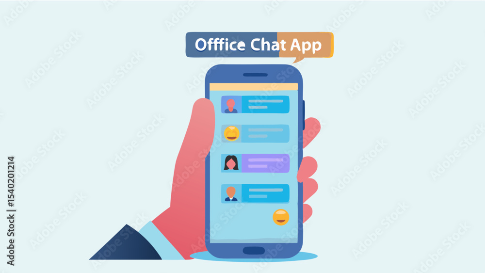 Poster hand holding smartphone displaying office chat application with messages and profile icons shown