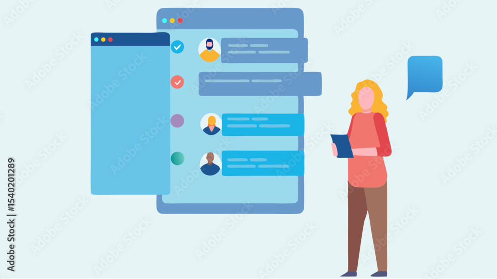 Aufkleber woman with tablet near messaging app interface with profile icons and chat bubbles displayed on scre