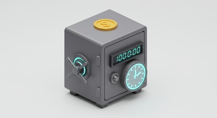Fototapeta premium Stylized Light Gray Safe with Electronic Screen Clock Gold Coin Digital Art on White Background