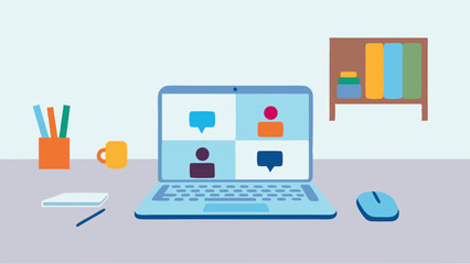 Laptop displaying a video call with four participants on a desk with office supplies and a bookshelf