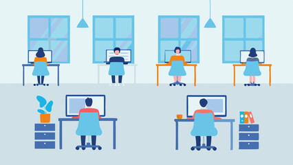 Illustration of people working at computers in an office environment with windows and desks, flat design