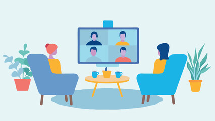 People on a video call sitting in chairs with plants and a table with cups and a pitcher present