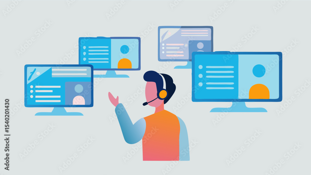 Aufkleber illustration of a call center worker with headset surrounded by computer screens with user profiles