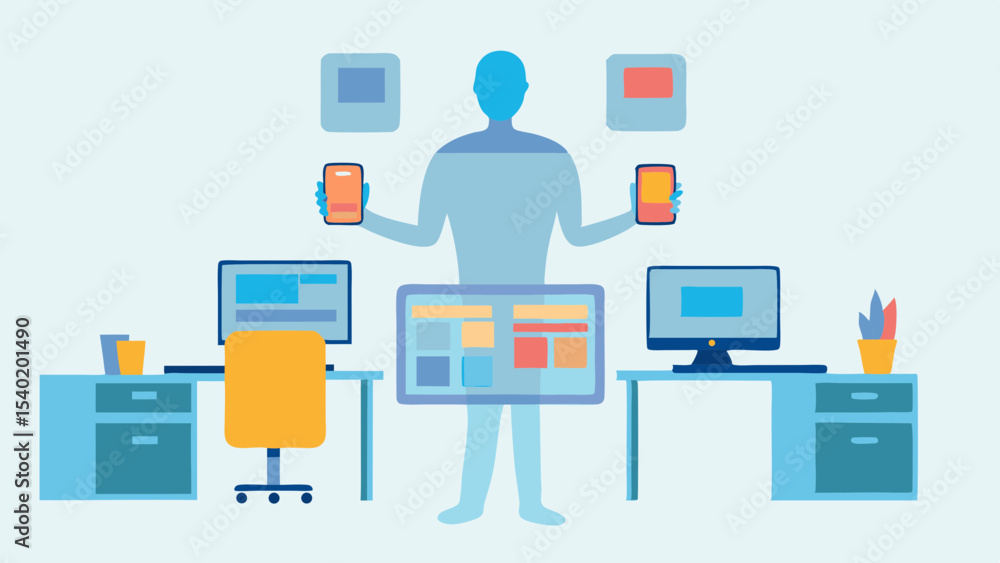 Poster illustration showing a person holding devices surrounded by desks and computer screens setup