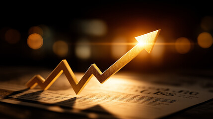 Ascending Trajectory: A radiant gold arrow, a symbol of growth, surges upward against a dim backdrop. This image conveys concepts of financial success and business advancement.