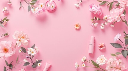 Fototapeta premium Flat lay of pink background with flowers and cosmetic products arranged around the edges of the frame