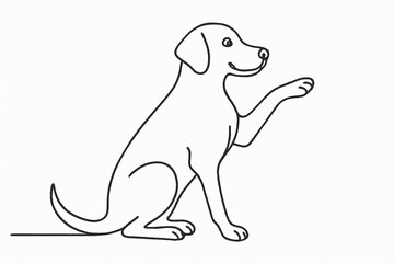Minimalist line art of a sitting dog raising paw in friendly gesture, clean black outline on white background for decor and design