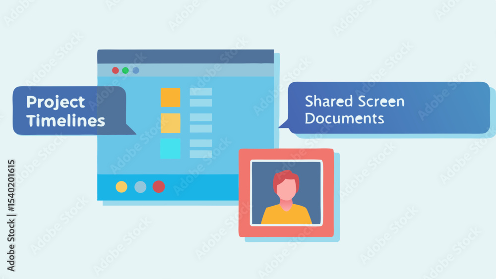 Poster illustration showing project timelines on a screen with shared documents and a person's picture fram