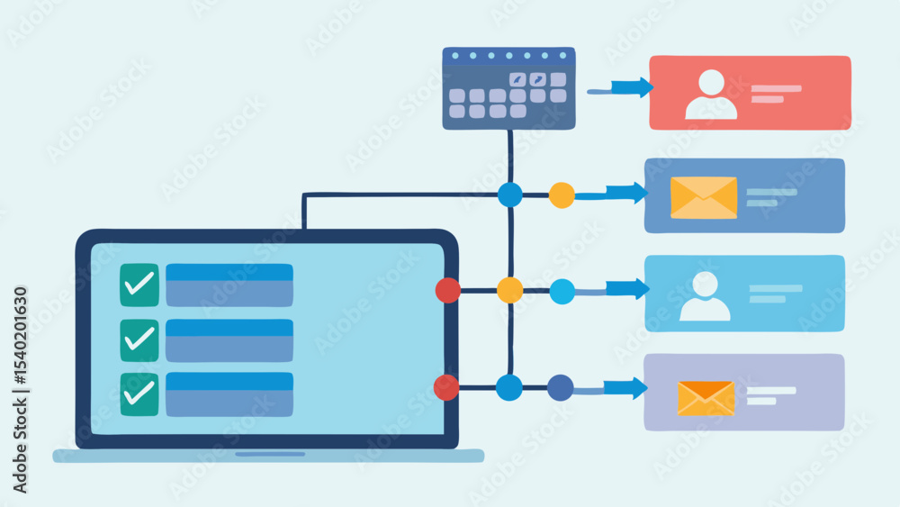 Poster laptop with checklist connected to calendar, profile and emails with arrows and lines diagram
