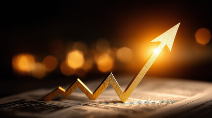 Golden Ascent: A gilded arrow, symbolizing growth and progress, ascends against a backdrop of soft bokeh lights, representing the journey towards success and advancement.