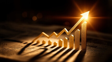 Golden Arrow of Growth: A golden arrow points upward, symbolizing growth and progress, set against a dramatic, shadowy background, suggesting the potential for a bright future. 