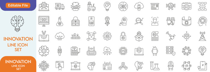 Artificial intelligence icon set. Containing AI, deep learning, robotics, machine learning, data Science, automation, big data and more. Line outline icons collection.