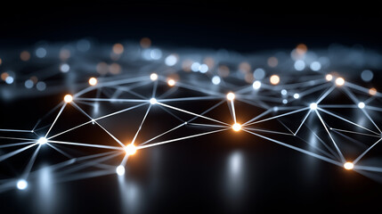 Network of interconnected nodes: Abstract network of interconnected nodes glowing with light, symbolizing connectivity, data flow, and technological advancement