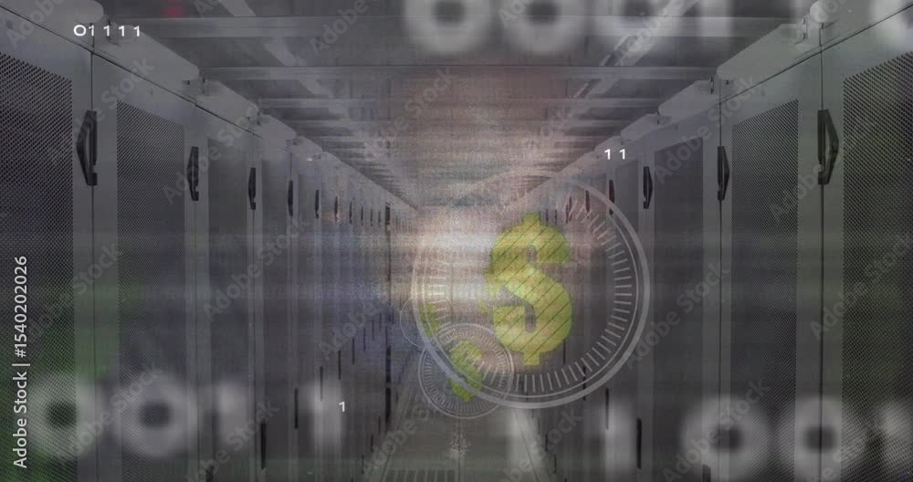 Poster binary digits appearing on racks dollar gauge emerging circuits weaving conveying finance data flow