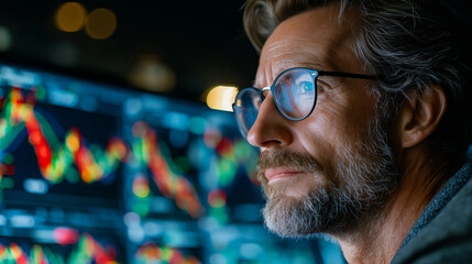 Intense Focus: An analyst engrossed in a sea of financial data, his determined gaze reflecting a passion for markets and numbers, showcasing deep thought in dynamic world.