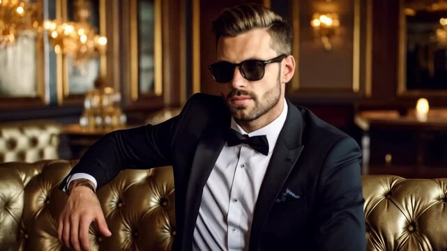 Man in tuxedo and sunglasses relaxes on a golden sofa in a classically styled, dimly lit, luxurious room