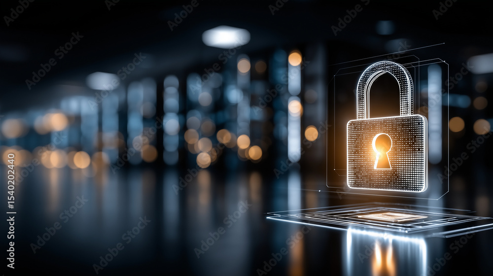 Poster digital security: a glowing digital padlock hovering over a laptop in a dimly lit server room repres