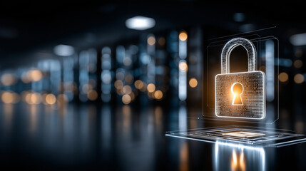 Digital Security: A glowing digital padlock hovering over a laptop in a dimly lit server room represents the critical importance of data protection and cybersecurity in our interconnected world.