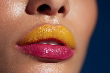 Close-up of woman’s lips with two tone yellow and pink lipstick
