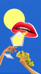 Stylized edit with red lips drinking yellow wine beside hand holding grapes on bright blue background with sun. Concept of surreal creative print, commercial pop graphics