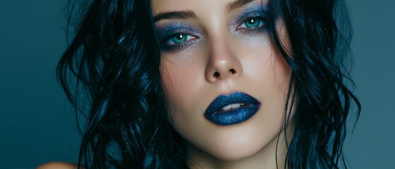 Portrait of a woman wearing glitter blue lipstick and shimmering eye makeup, styles with wet look hair and intense gaze