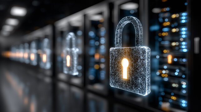 Digital Fortress: Conceptual security scene with illuminated padlock symbols overlaying a server room, depicting data protection and cyber security.