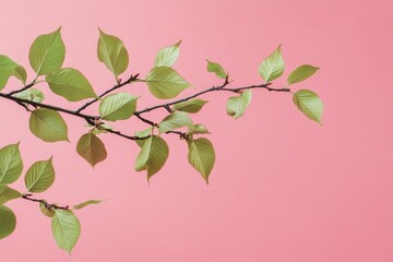 Fresh spring branch with new leaves against a pastel pink backdrop