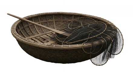 Traditional Vietnamese Round Basket Boat with Fishing Net and Wooden Paddle Isolated on White Background