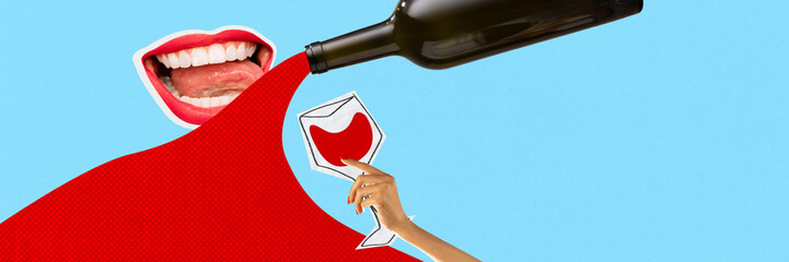 Surreal cutout composition with red mouth, bottle pouring red wine, and hand holding glass against...