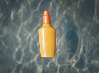Close-Up of Sunscreen Bottle Floating on Clear Pool Water Surface