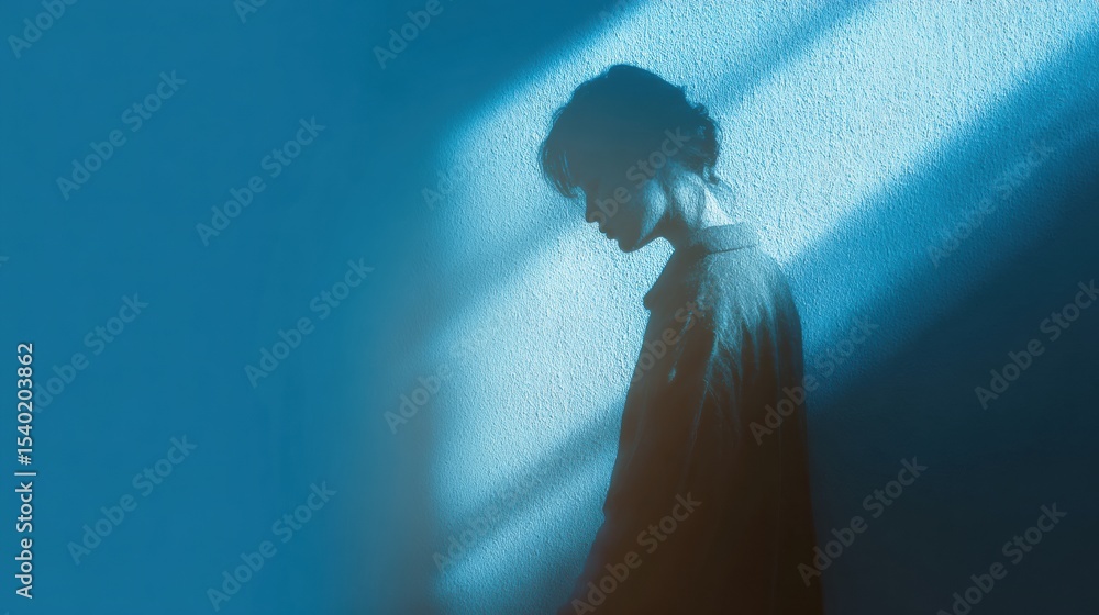 Poster Mysterious Shadowy Figure Blending Into a Blue Background Creating an Ethereal Atmosphere