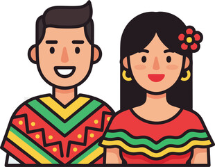 Cute Latino Couple in Traditional Mexican Outfits – Flat Vector Illustration