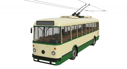 Vintage Cream Yellow and Green Trolleybus with Weathered Look Against White Background