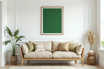 Beige couch standing against white wall with molding and green color poster in cozy living room interior.