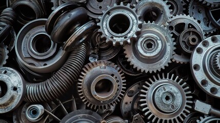 Close-up of diverse mechanical parts including gears, bearings, shafts, and bolts, crafted from steel and aluminum for industrial manufacturing, assembly, and maintenance