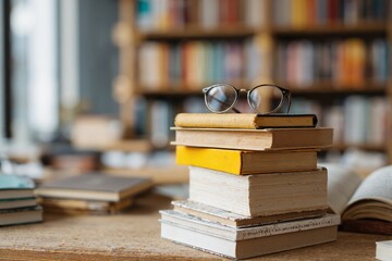 There is a stack of books with glasses on a wooden table in the library