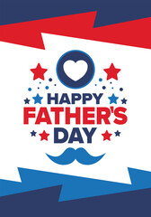 Happy Father’s Day. Honoring dads. Lovely celebration in June. Sweetest family holiday. Party event. Mustache and heart. Blue color. Creative art poster. Vector design