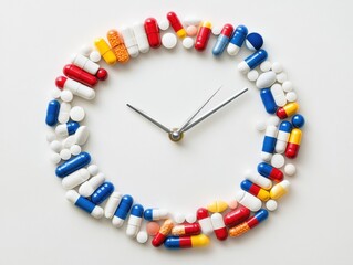 Creative clock design made with colorful pills on a white background