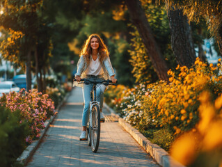 Joyful woman biking through a flower-lined path in warm evening light