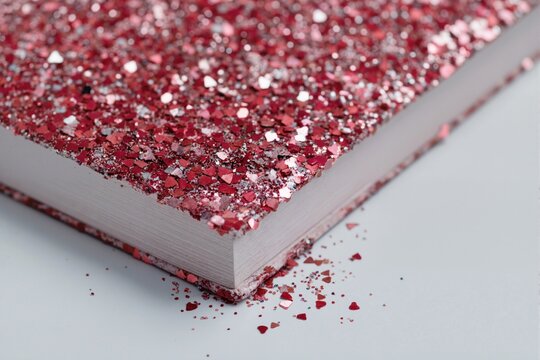 Close-up of a closed white book with its cover covered in red glitter in the shape of hearts. On a white background - Powered by Adobe