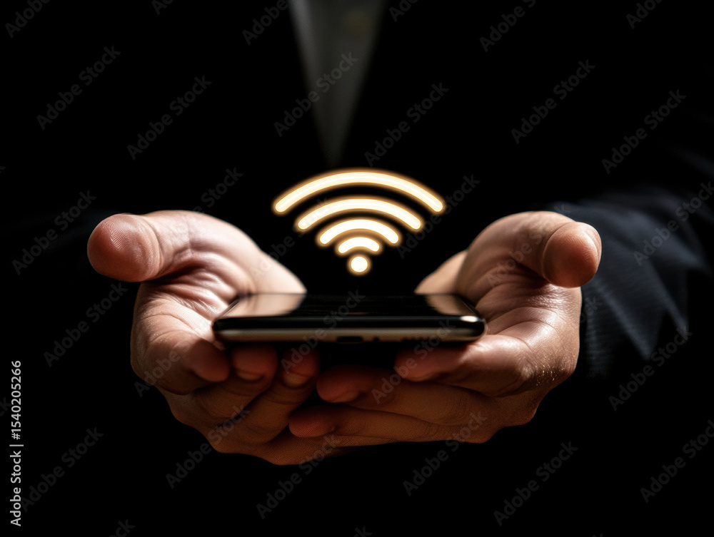 Poster smartphone held by hands displaying wireless signal symbol in dark setting