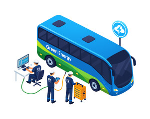 Electric Bus Charging Station Green Energy Technicians Inspecting a Modern Eco-Friendly Vehicle at a Charging Point