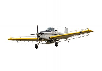White and Black Crop Duster Plane with Yellow Spray Booms Isolated on White Background Agricultural Aviation
