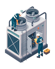 Industrial HVAC system maintenance technicians inspect and repair cooling tower equipment ensuring optimal performance and efficiency.