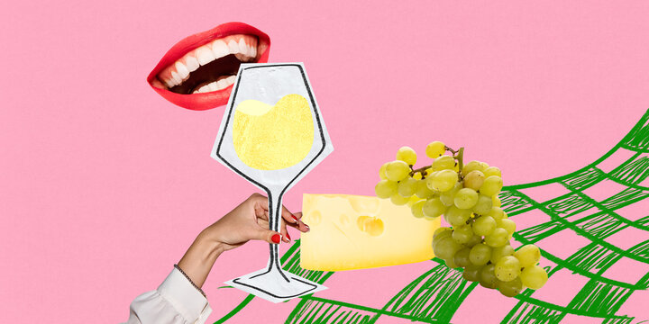 Bold digital collage with red lips, wine glass, and floating grapes on pastel pink background evokes quirky food pairing vibe. Digital illustration, surreal art inspiration. Modern packaging - Powered by Adobe